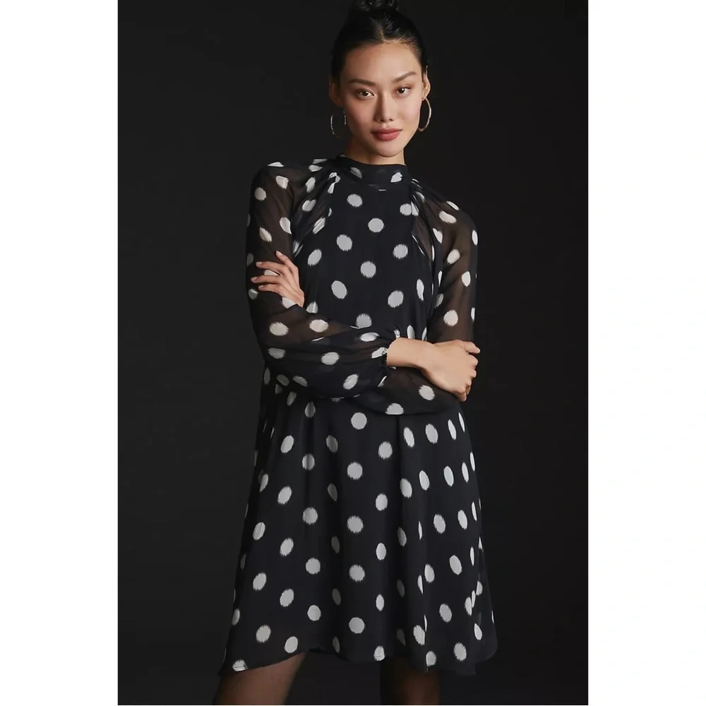 Anthropologie Maeve Black Sheer Long-Sleeve Polka Dot Mini Dress M NWT - Picture 2 of 11